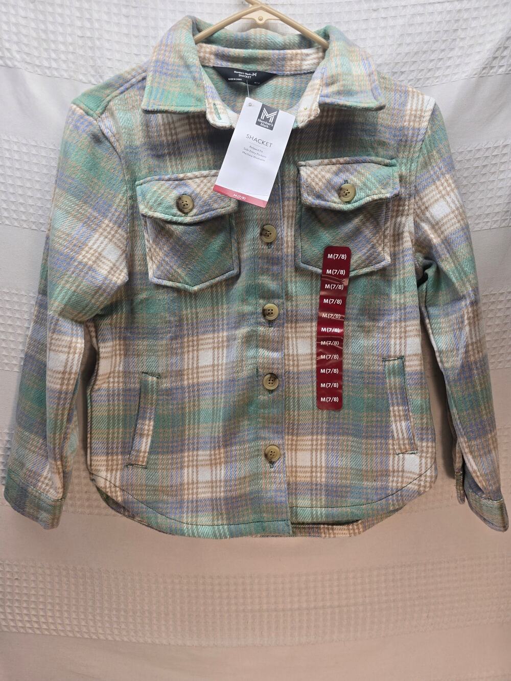 Member's Mark Girls Shacket Jacket Size 7/8 gray blue green fleece plaid